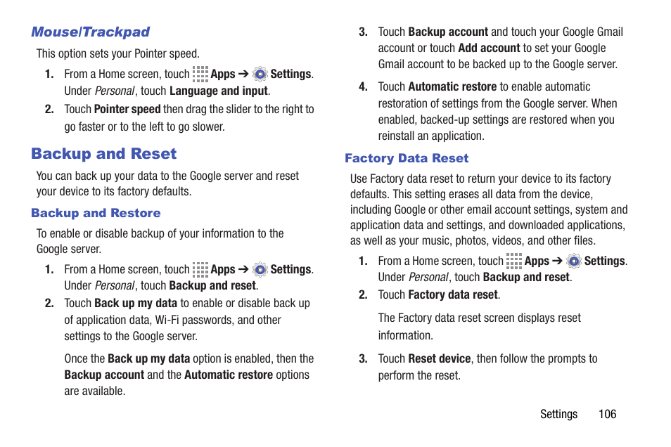 Backup and reset | Samsung SM-T337VYKAVZW User Manual | Page 112 / 122