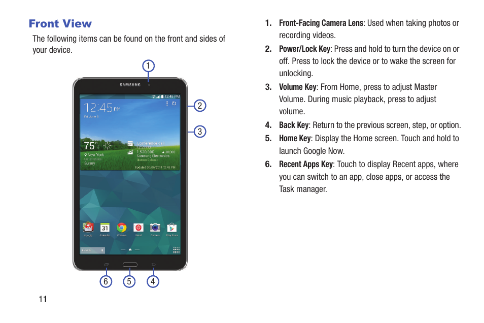 Front view | Samsung SM-T337VYKAVZW User Manual | Page 17 / 122