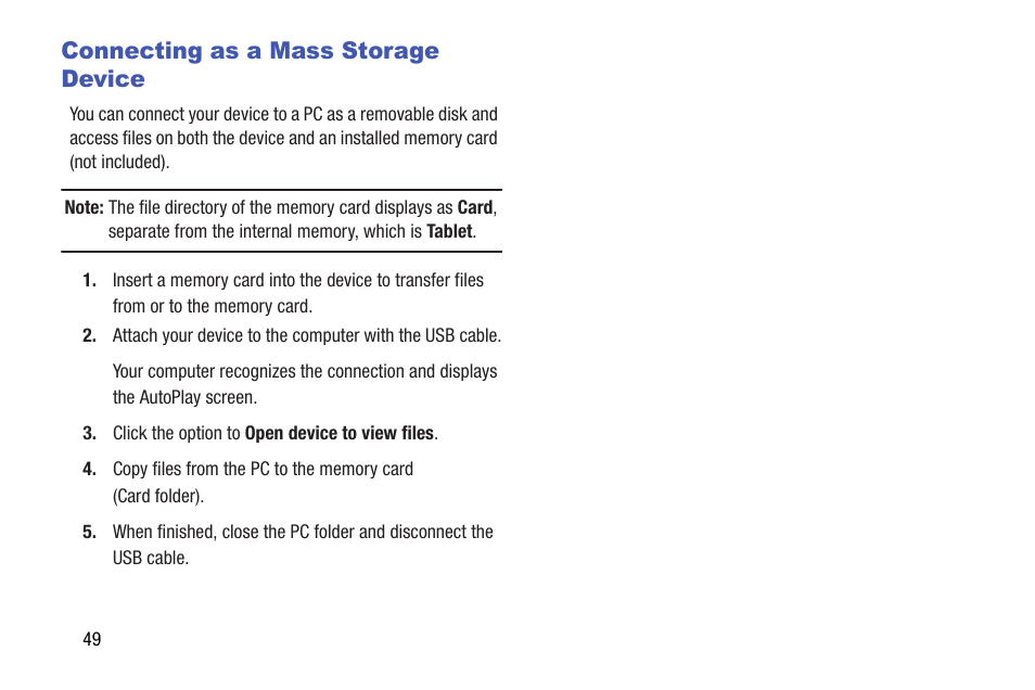 Connecting as a mass storage device | Samsung SM-T337VYKAVZW User Manual | Page 55 / 122