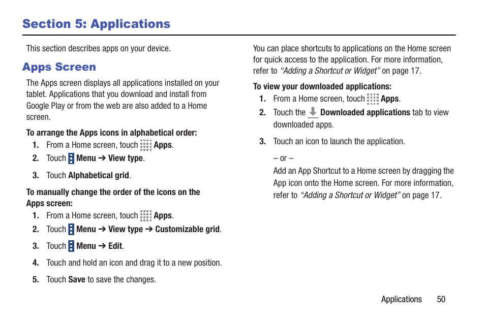 Section 5: applications, Apps screen | Samsung SM-T337VYKAVZW User Manual | Page 56 / 122