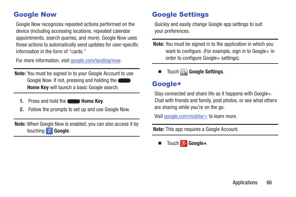 Google now, Google settings, Google | Google now google settings google | Samsung SM-T337VYKAVZW User Manual | Page 72 / 122