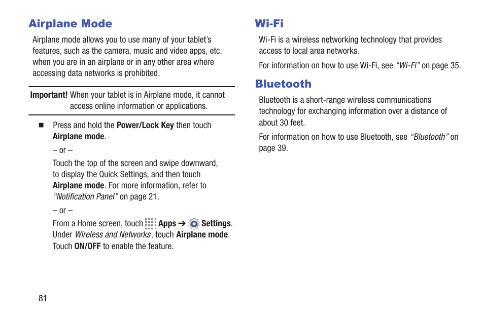 Airplane mode, Wi-fi, Bluetooth | Airplane mode wi-fi bluetooth | Samsung SM-T337VYKAVZW User Manual | Page 87 / 122