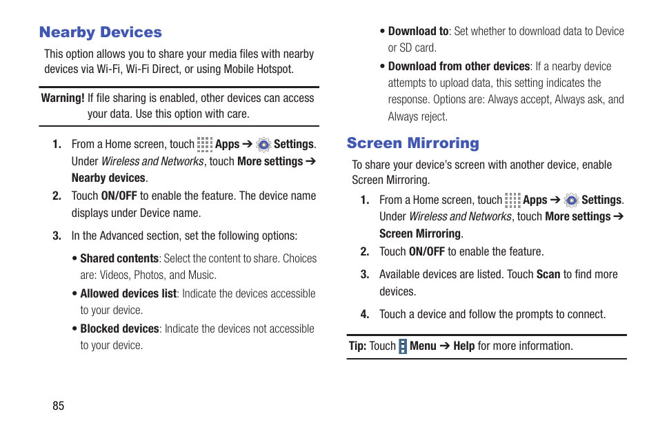 Nearby devices, Screen mirroring, Nearby devices screen mirroring | Samsung SM-T337VYKAVZW User Manual | Page 91 / 122