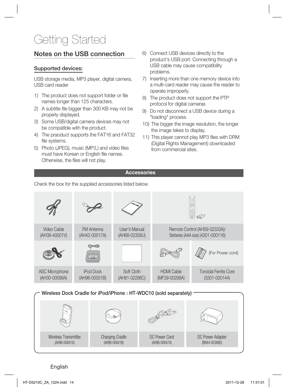 Getting started | Samsung HT-D5210C-ZA User Manual | Page 14 / 85