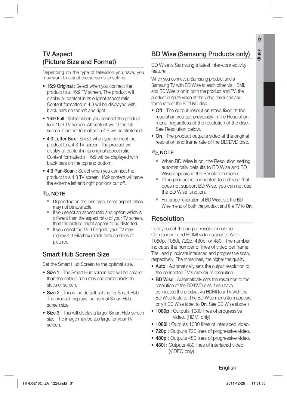 Tv aspect (picture size and format), Smart hub screen size, Bd wise (samsung products only) | Resolution | Samsung HT-D5210C-ZA User Manual | Page 31 / 85
