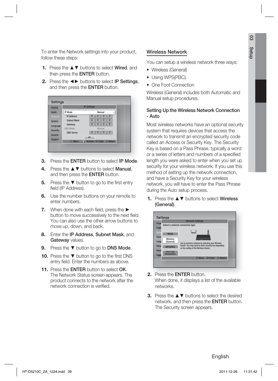 English, Wireless network | Samsung HT-D5210C-ZA User Manual | Page 39 / 85