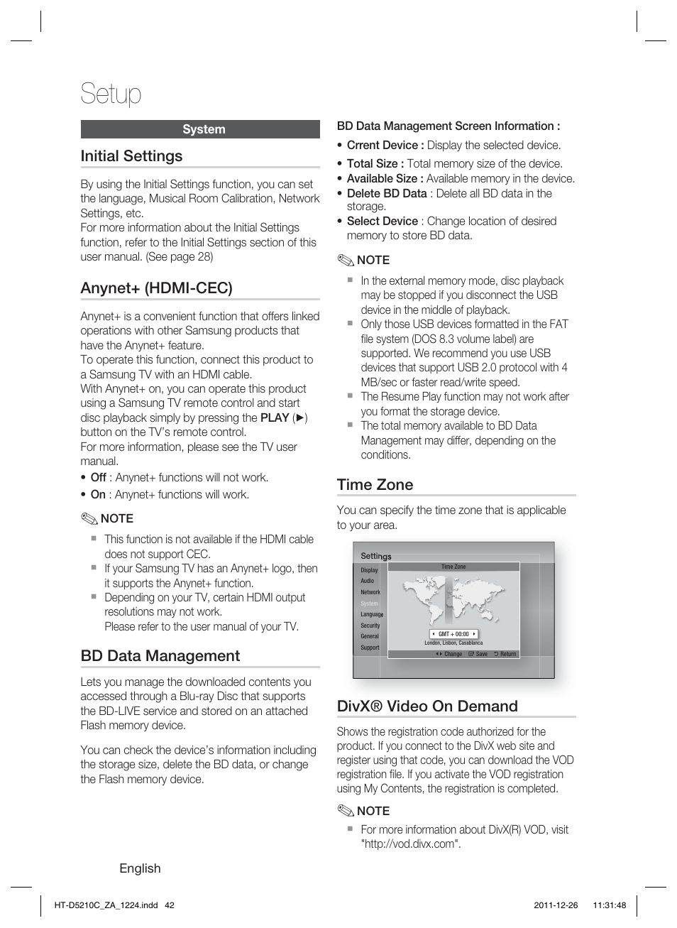 Setup, Initial settings, Anynet+ (hdmi-cec) | Bd data management, Time zone, Divx® video on demand | Samsung HT-D5210C-ZA User Manual | Page 42 / 85