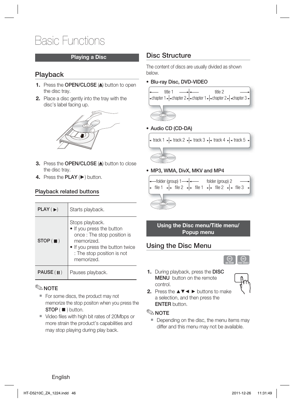 Basic functions, Playback, Disc structure | Using the disc menu | Samsung HT-D5210C-ZA User Manual | Page 46 / 85