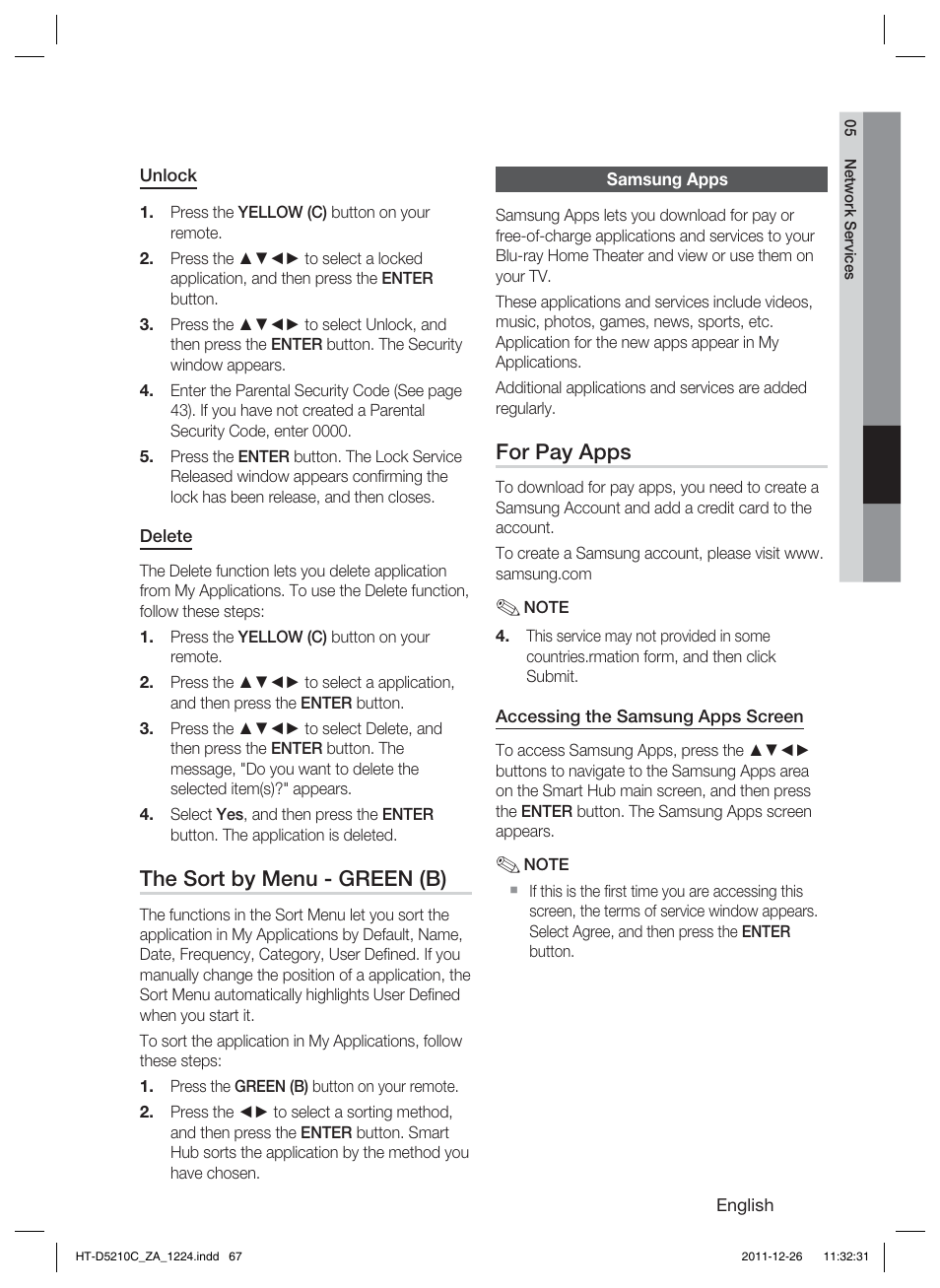The sort by menu - green (b), For pay apps | Samsung HT-D5210C-ZA User Manual | Page 67 / 85