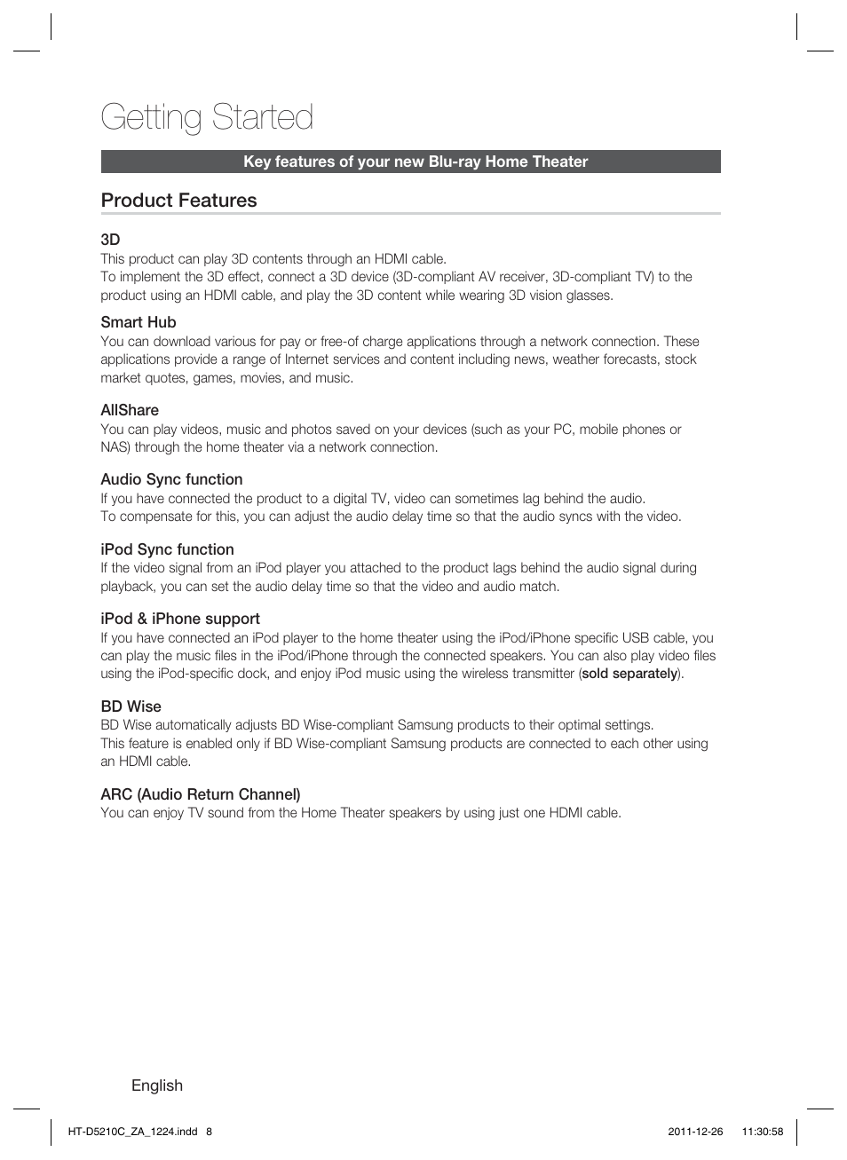 Getting started | Samsung HT-D5210C-ZA User Manual | Page 8 / 85
