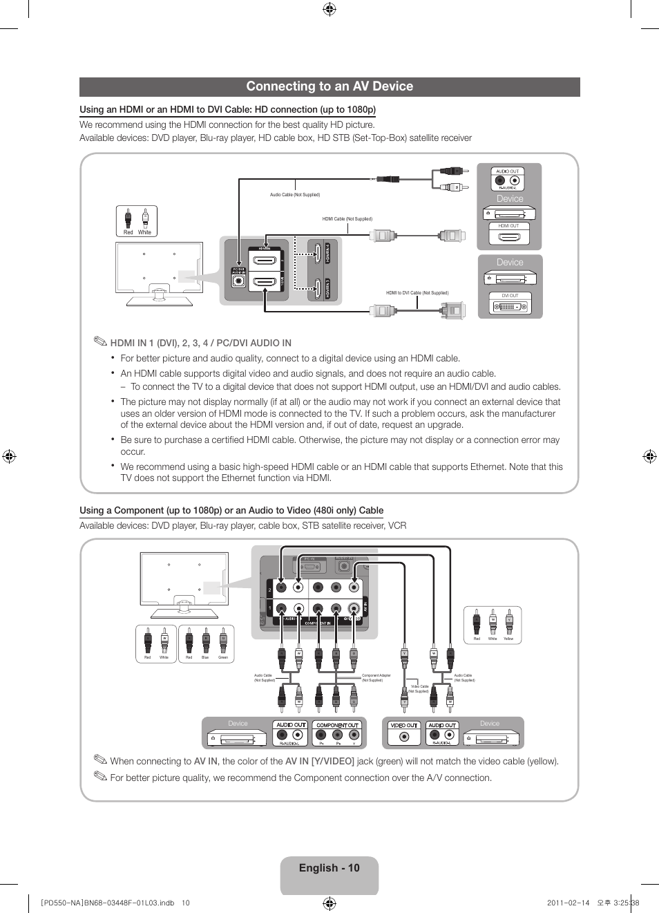 Connecting to an av device | Samsung PN64D550C1FXZA User Manual | Page 10 / 61