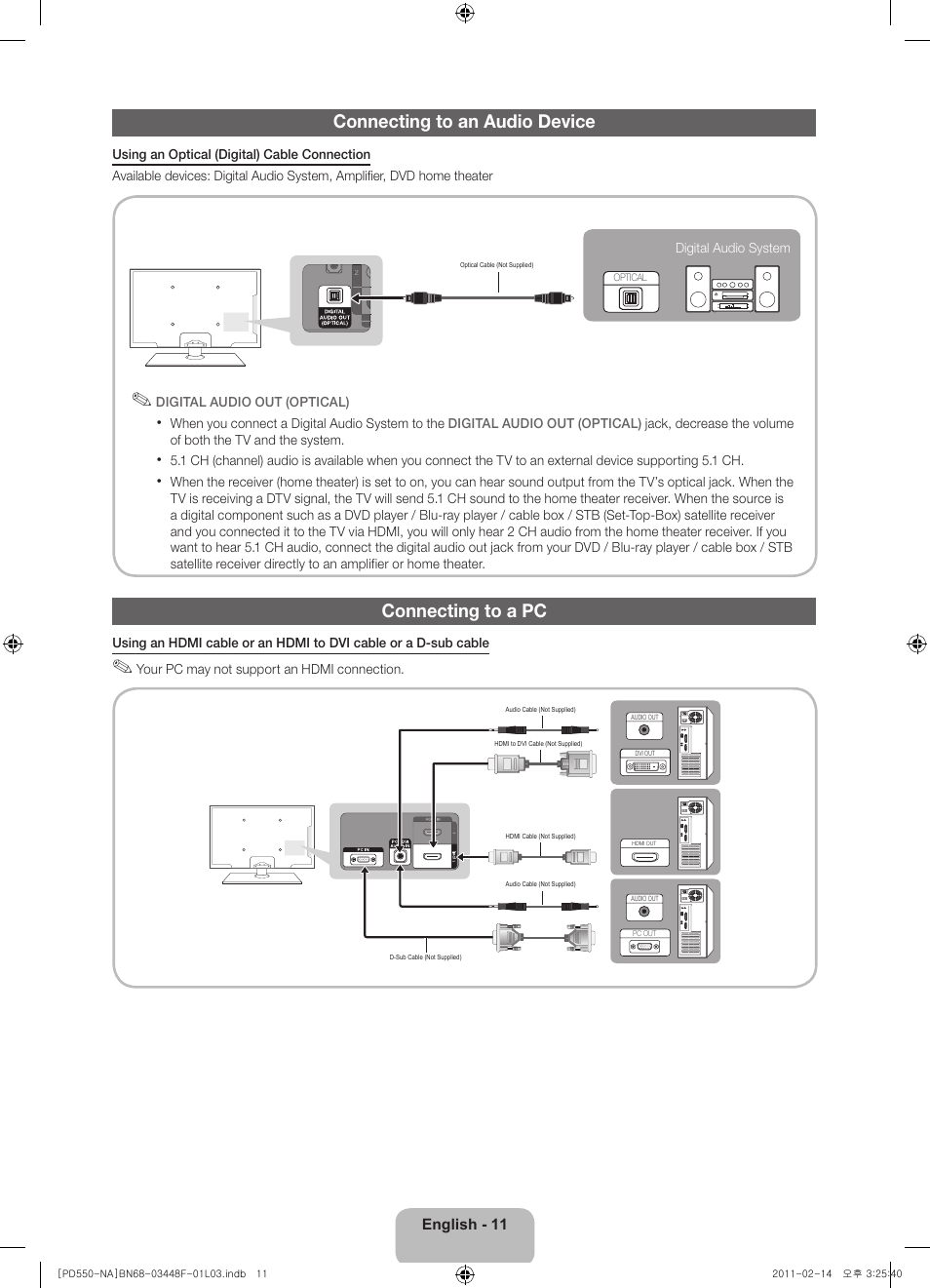Connecting to an audio device, Connecting to a pc | Samsung PN64D550C1FXZA User Manual | Page 11 / 61
