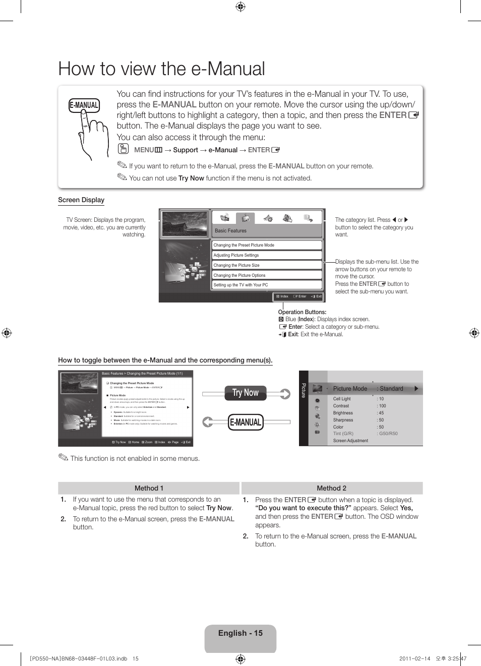 How to view the e-manual, E-manual try now, E-manual | English - 15 | Samsung PN64D550C1FXZA User Manual | Page 15 / 61