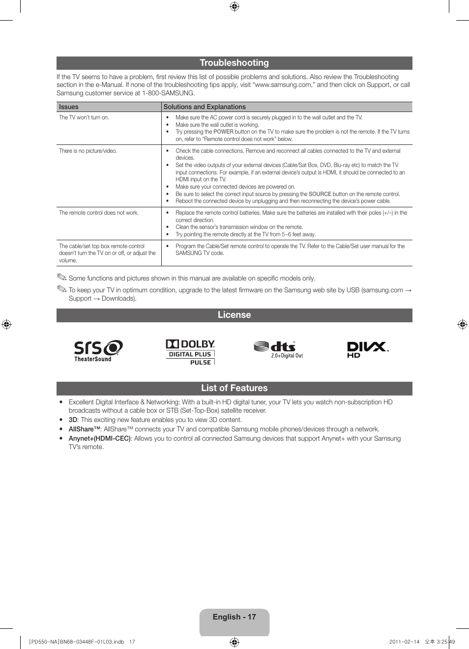 Troubleshooting, License list of features | Samsung PN64D550C1FXZA User Manual | Page 17 / 61