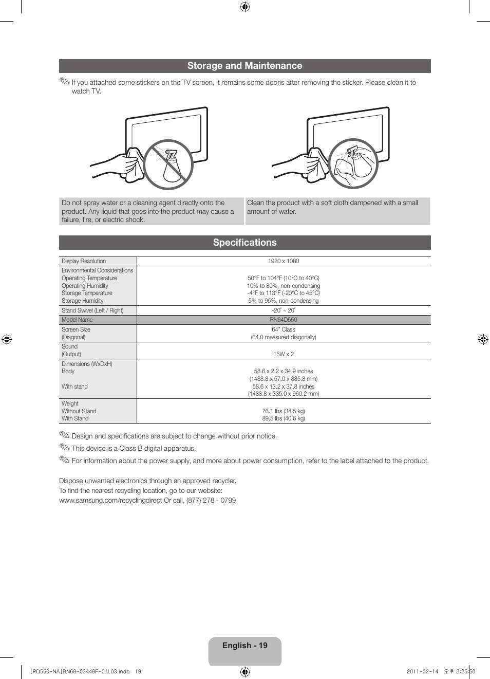 Storage and maintenance, Specifications | Samsung PN64D550C1FXZA User Manual | Page 19 / 61