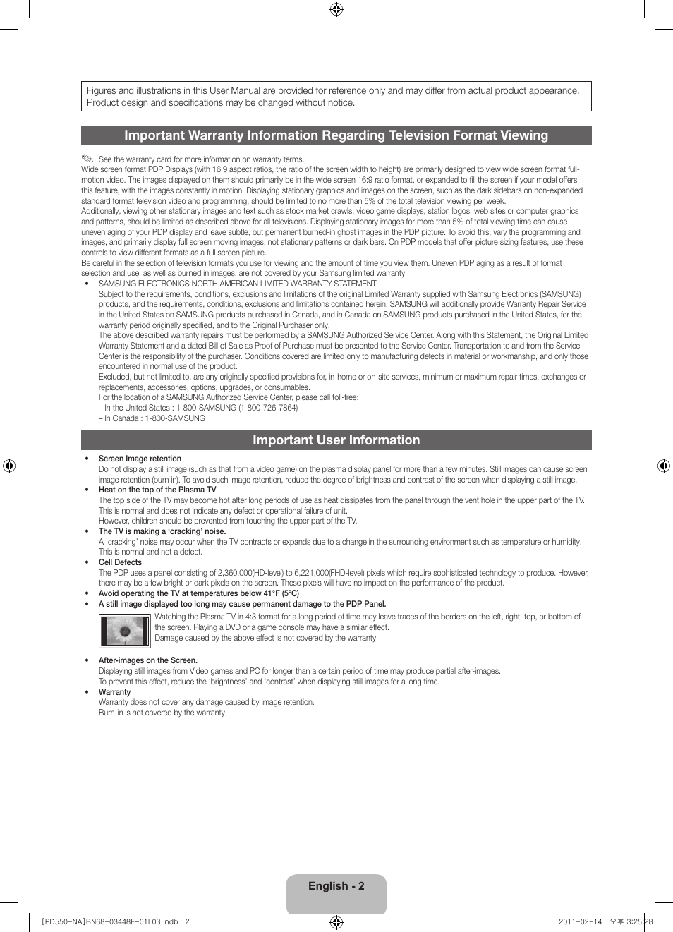 Important user information | Samsung PN64D550C1FXZA User Manual | Page 2 / 61