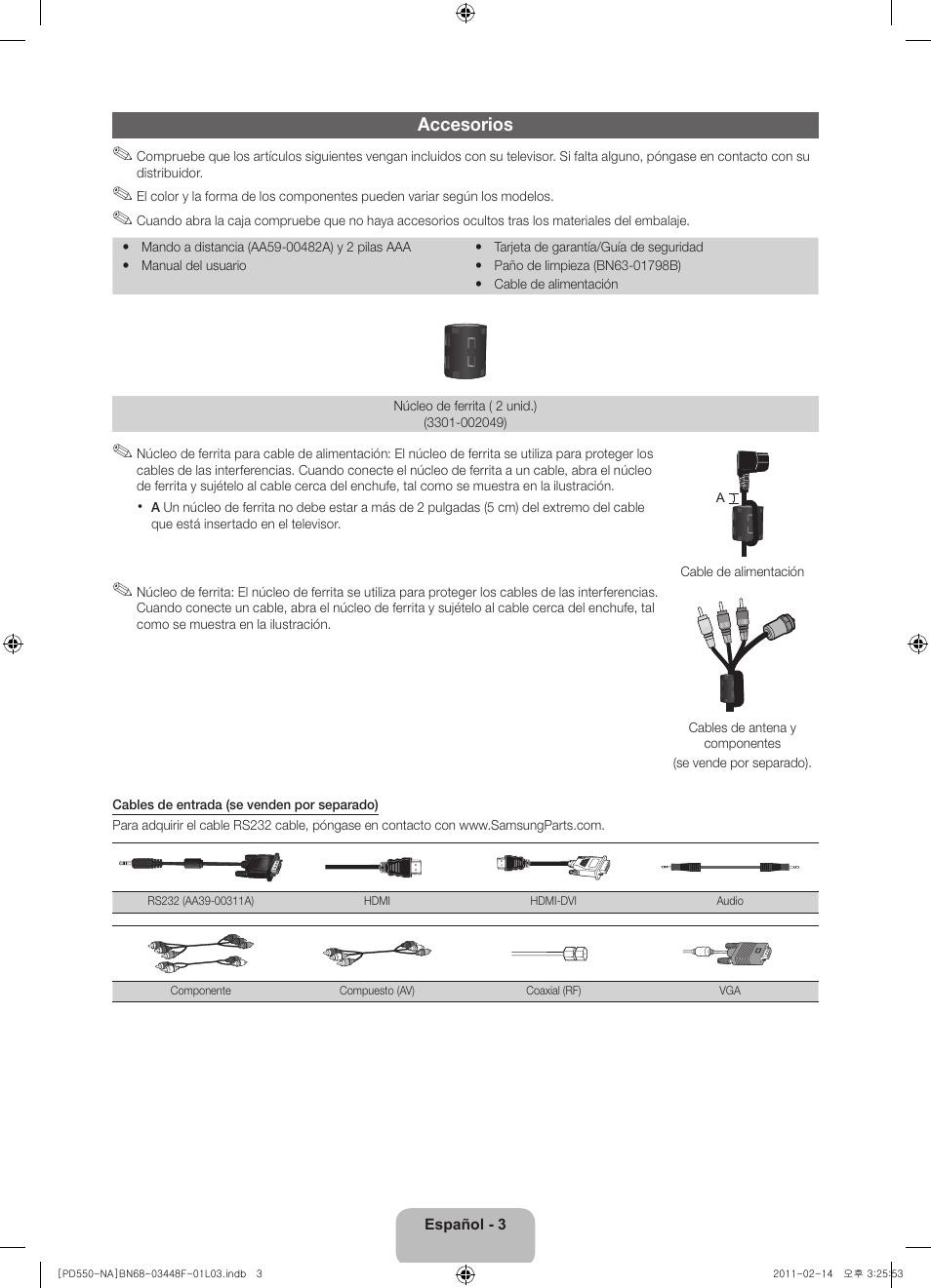 Accesorios | Samsung PN64D550C1FXZA User Manual | Page 23 / 61