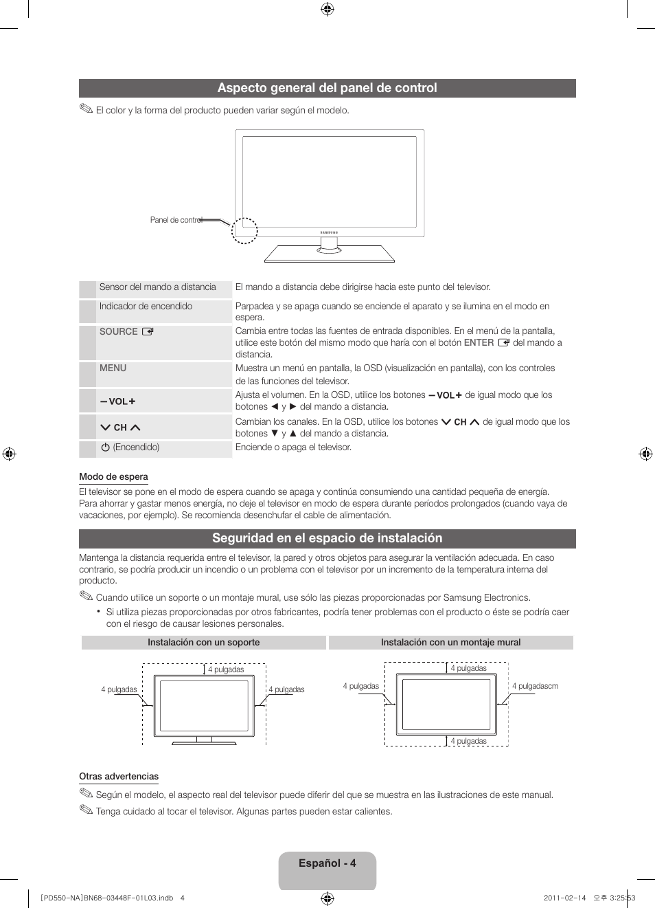 Aspecto general del panel de control, Seguridad en el espacio de instalación | Samsung PN64D550C1FXZA User Manual | Page 24 / 61