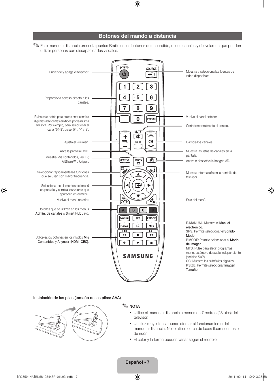 Botones del mando a distancia | Samsung PN64D550C1FXZA User Manual | Page 27 / 61