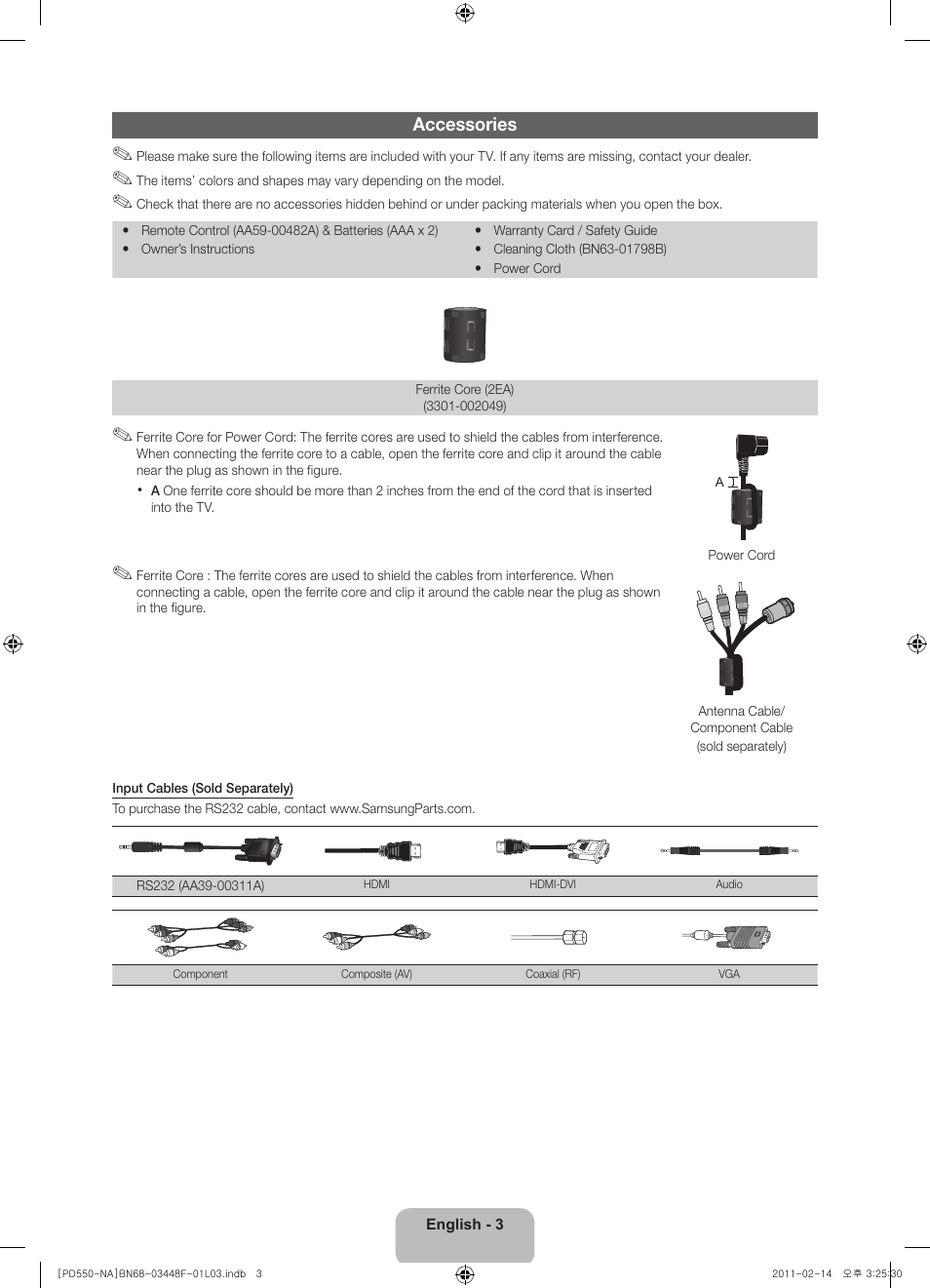 Accessories | Samsung PN64D550C1FXZA User Manual | Page 3 / 61