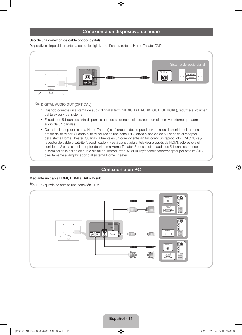 Conexión a un dispositivo de audio, Conexión a un pc | Samsung PN64D550C1FXZA User Manual | Page 31 / 61