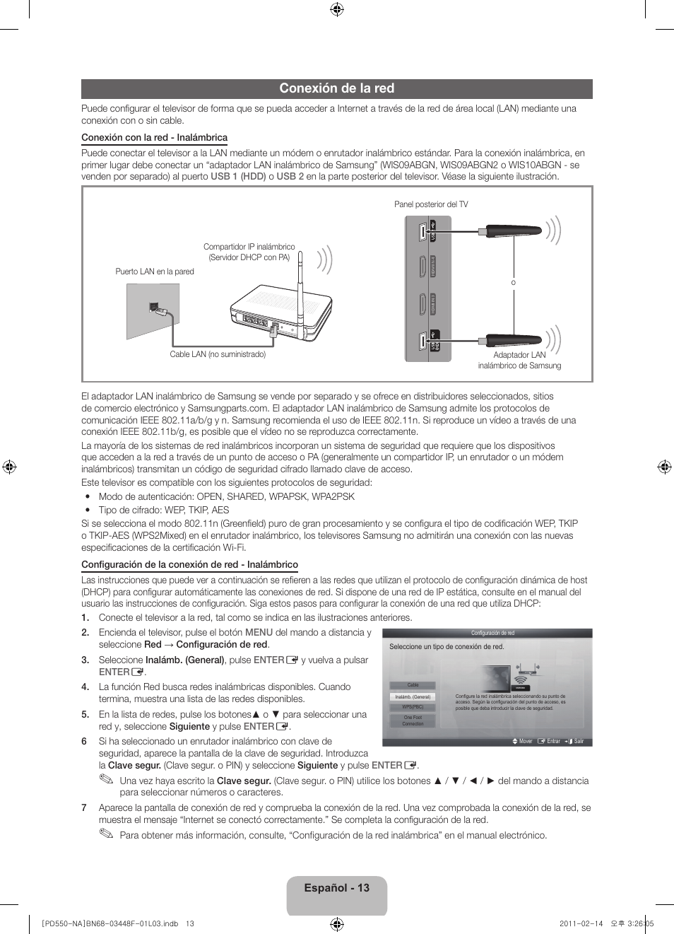Conexión de la red | Samsung PN64D550C1FXZA User Manual | Page 33 / 61