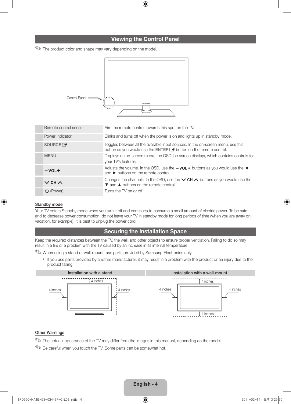 Viewing the control panel, Securing the installation space | Samsung PN64D550C1FXZA User Manual | Page 4 / 61