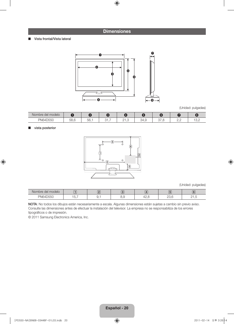 Dimensiones | Samsung PN64D550C1FXZA User Manual | Page 40 / 61