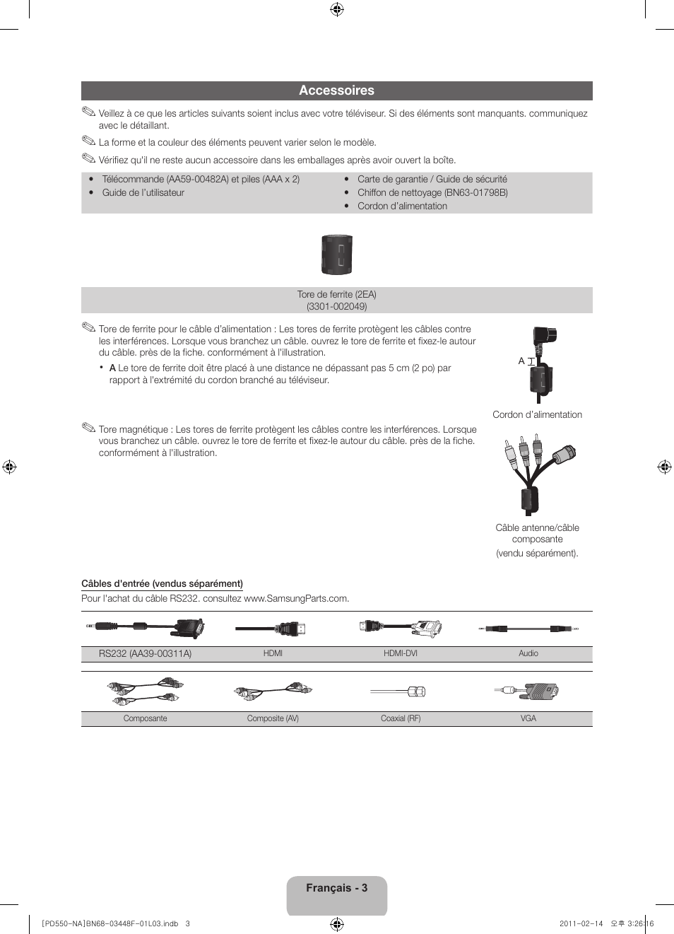 Accessoires | Samsung PN64D550C1FXZA User Manual | Page 43 / 61