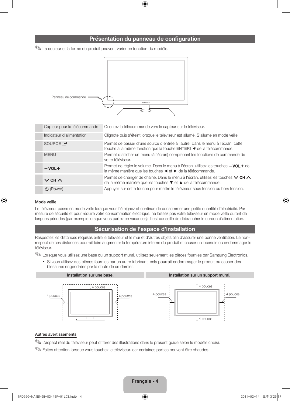 Présentation du panneau de configuration, Sécurisation de l’espace d’installation | Samsung PN64D550C1FXZA User Manual | Page 44 / 61