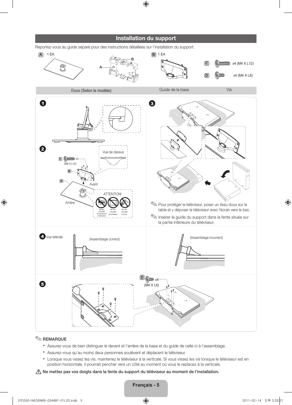 Installation du support | Samsung PN64D550C1FXZA User Manual | Page 45 / 61