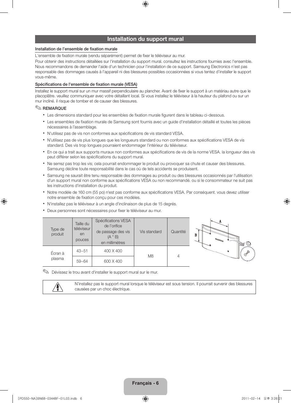 Installation du support mural | Samsung PN64D550C1FXZA User Manual | Page 46 / 61