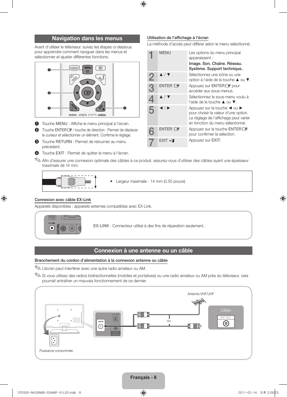 Navigation dans les menus, Connexion à une antenne ou un câble | Samsung PN64D550C1FXZA User Manual | Page 48 / 61