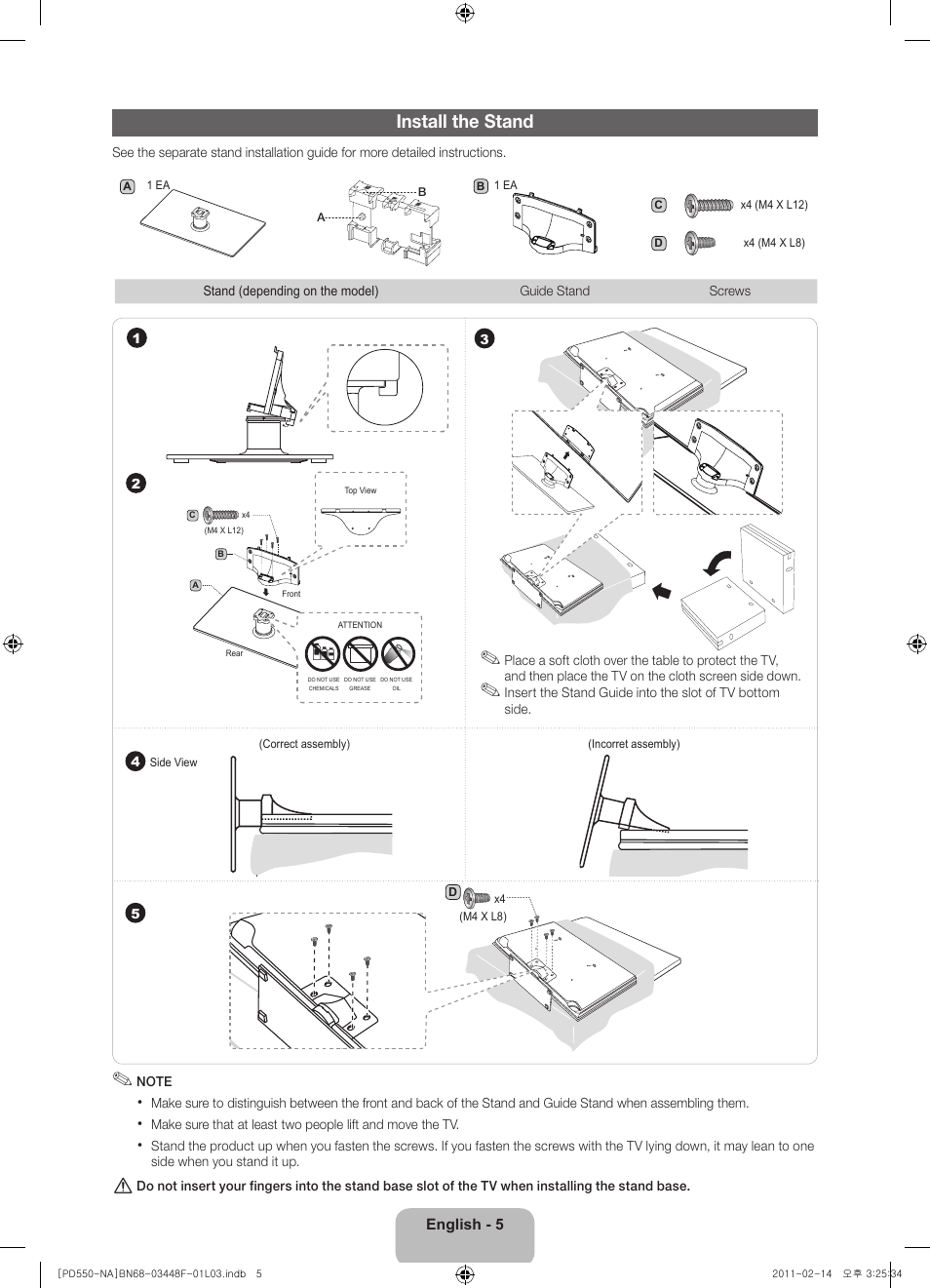 Install the stand | Samsung PN64D550C1FXZA User Manual | Page 5 / 61