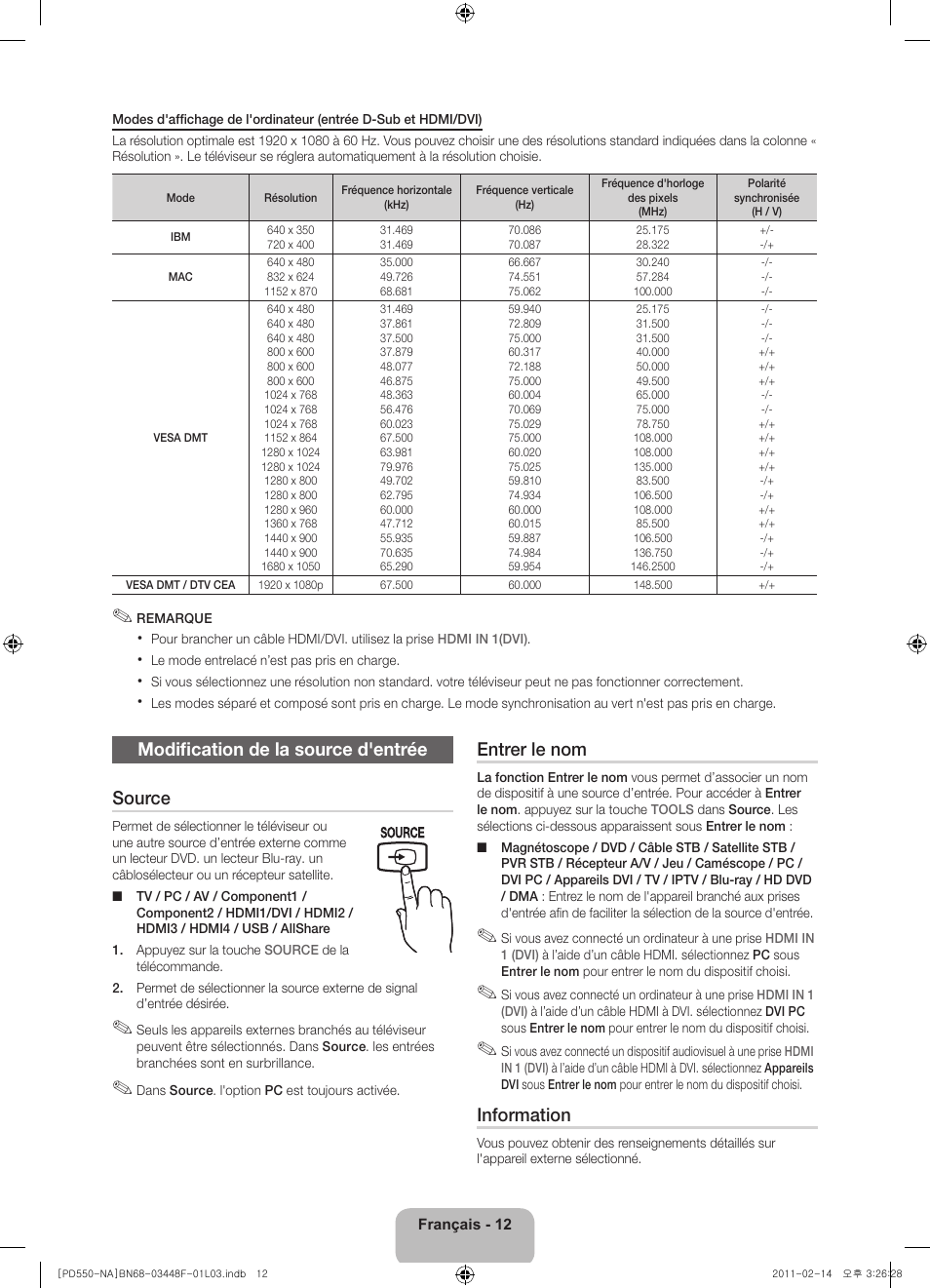 Modification de la source d'entrée source, Entrer le nom, Information | Samsung PN64D550C1FXZA User Manual | Page 52 / 61