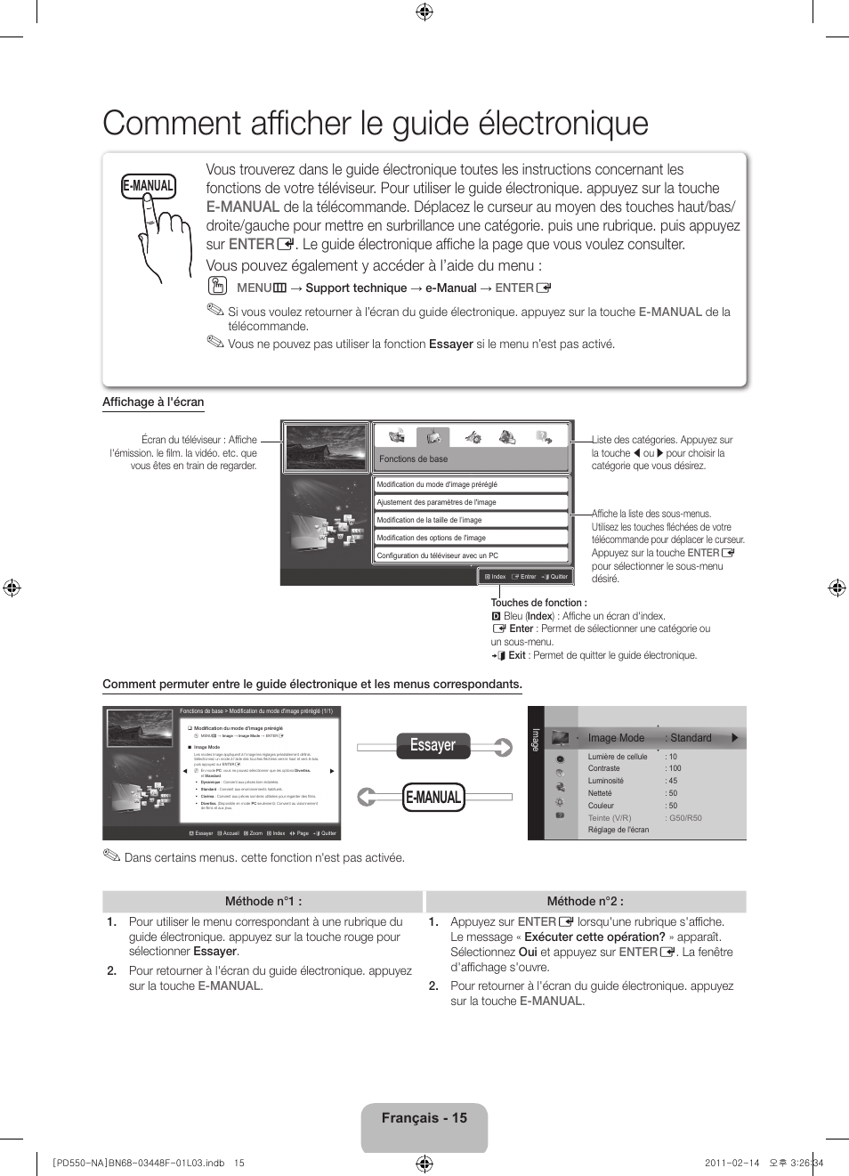 Comment affi cher le guide électronique, E-manual essayer, E-manual | Français - 15 | Samsung PN64D550C1FXZA User Manual | Page 55 / 61