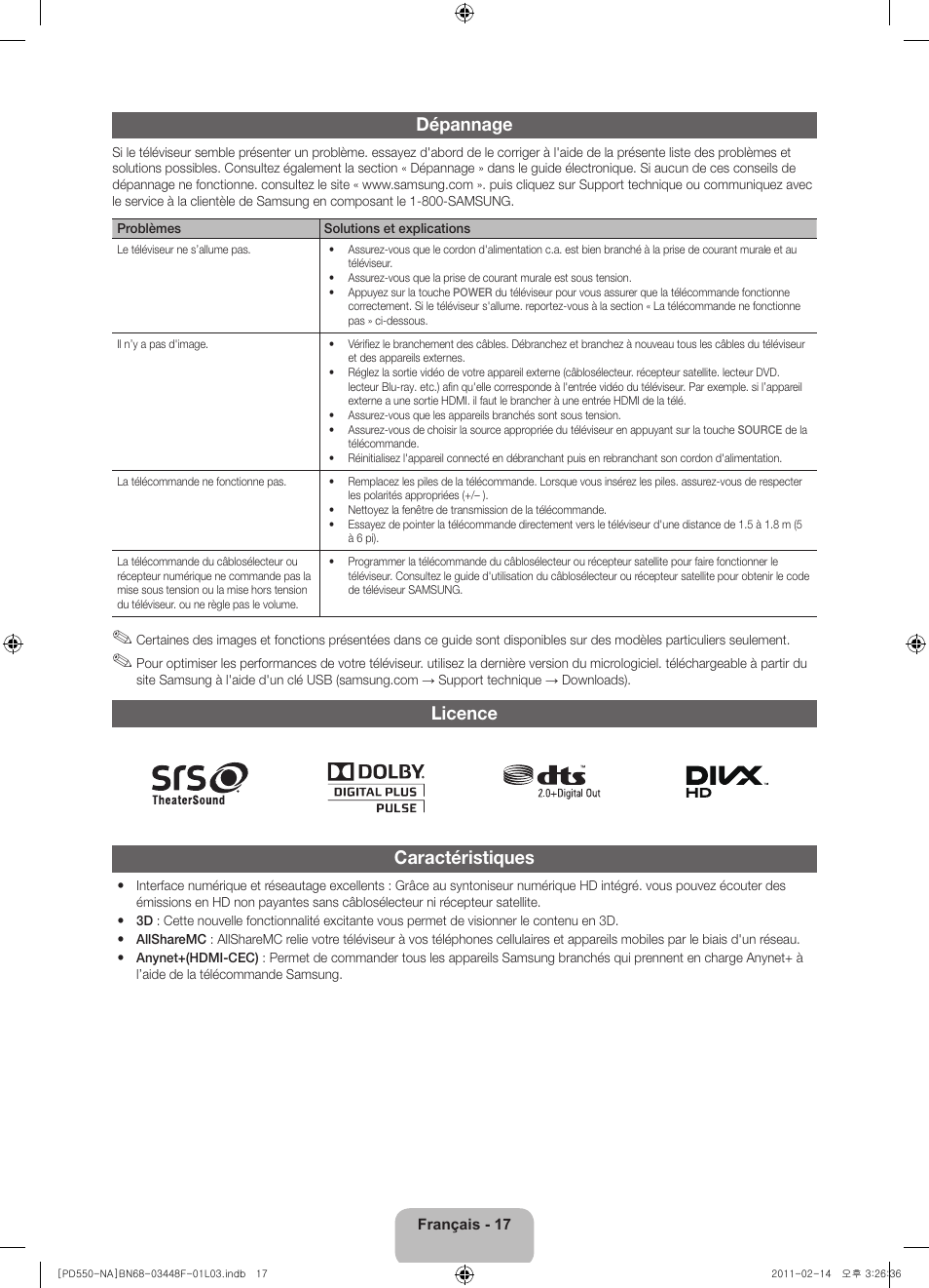 Dépannage, Licence caractéristiques | Samsung PN64D550C1FXZA User Manual | Page 57 / 61