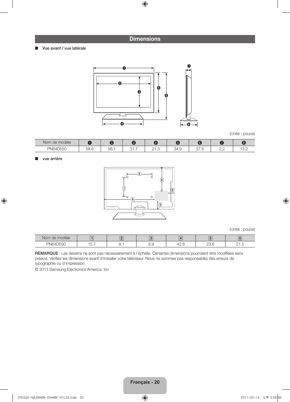 Dimensions | Samsung PN64D550C1FXZA User Manual | Page 60 / 61