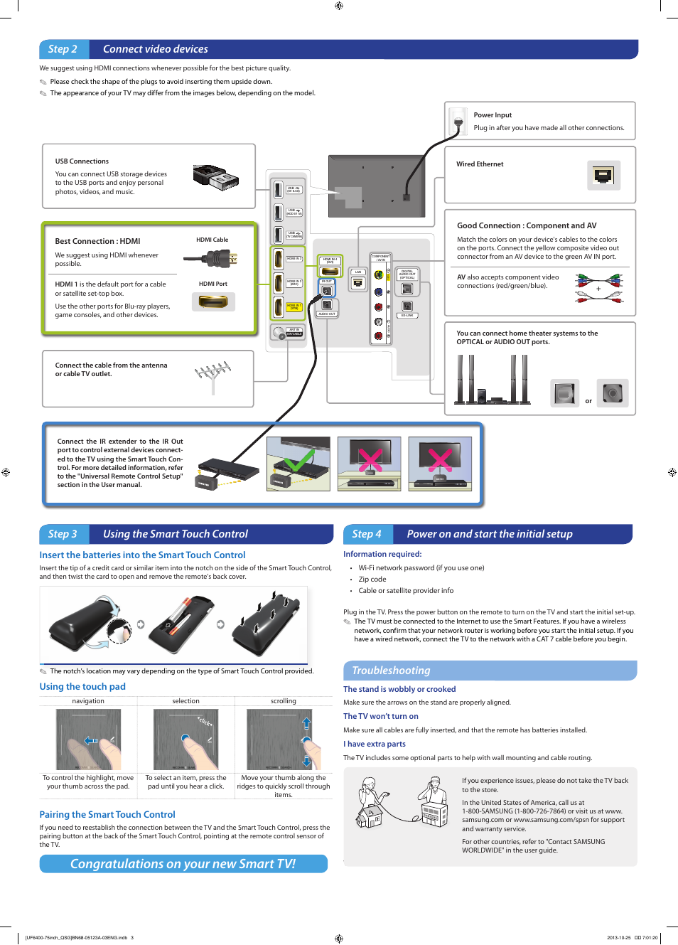 Step 2 connect video devices, Step 3 using the smart touch control, Step 4 power on and start the initial setup | Troubleshooting, Insert the batteries into the smart touch control, Using the touch pad, Pairing the smart touch control | Samsung UN75F6400AFXZA User Manual | Page 2 / 2