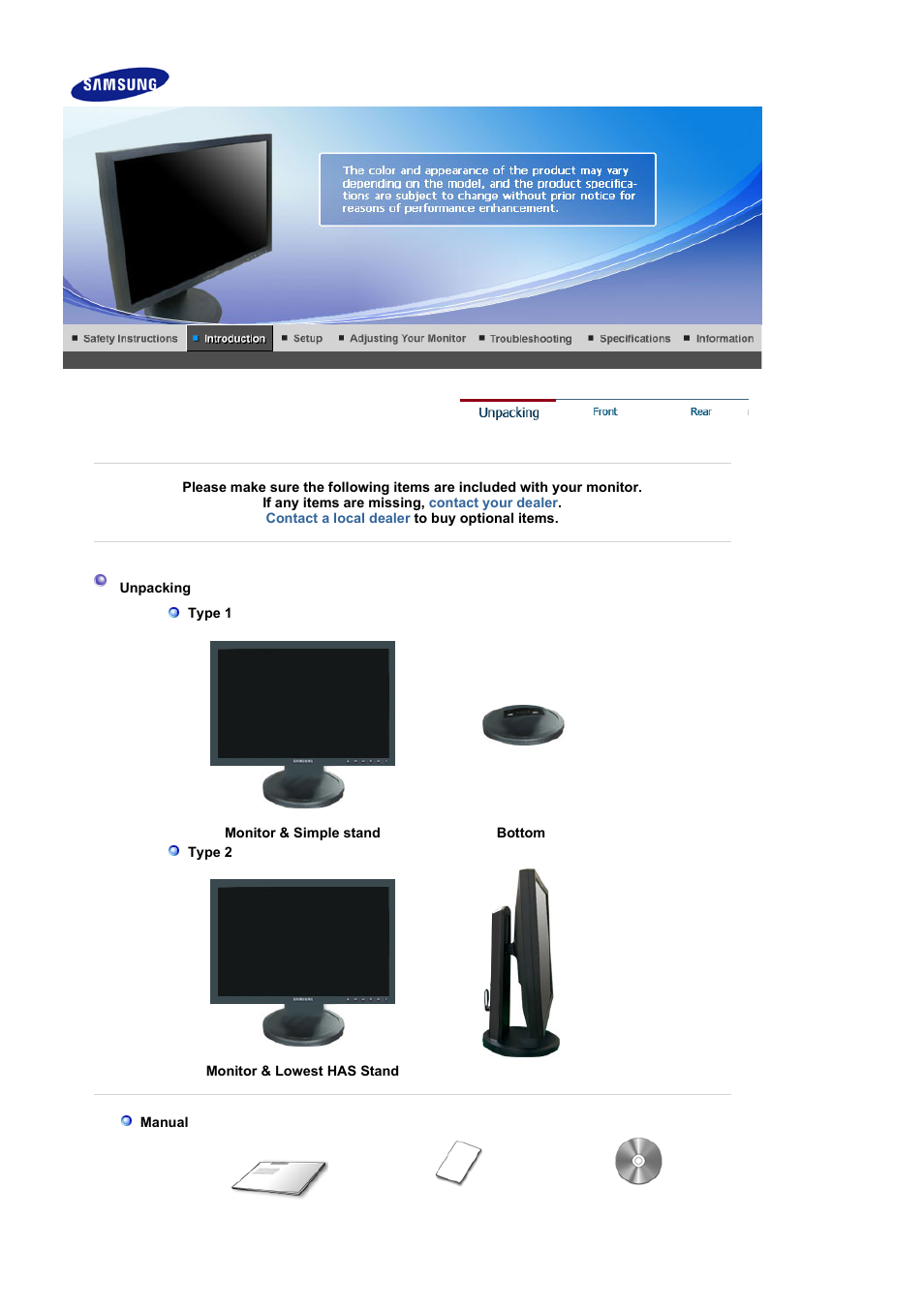 Unpacking, Front | Samsung LS19HAKCBQ-XAA User Manual | Page 10 / 52