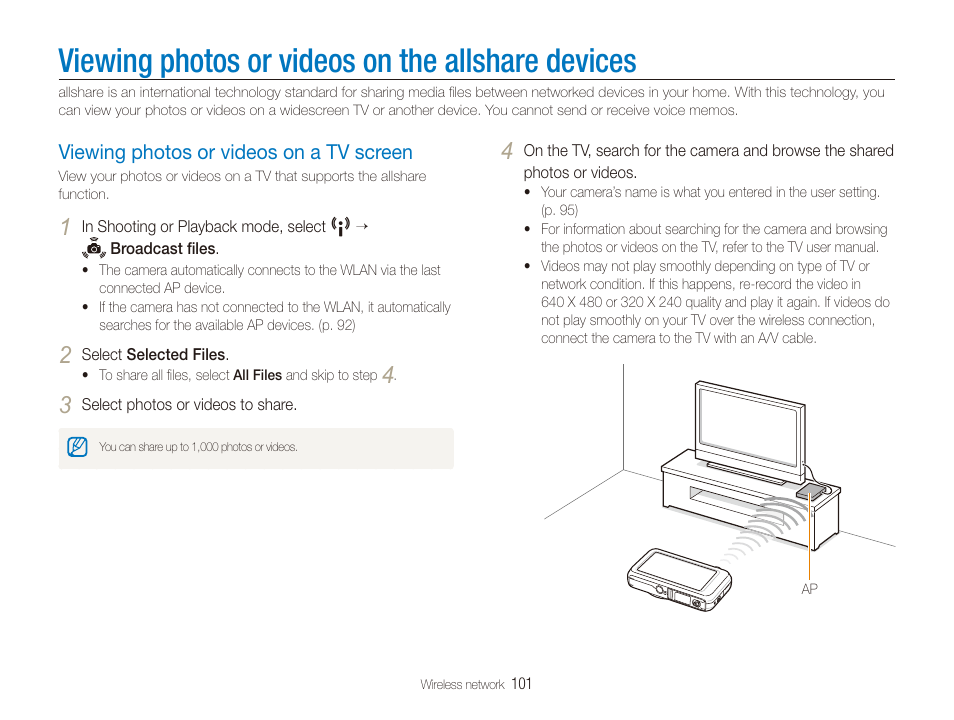 Viewing photos or videos on the allshare devices, Viewing photos or videos on a tv screen, Viewing photos or videos on the | Allshare devices, Viewing photos or videos on a tv screen … 101 | Samsung EC-ST80ZZBPBUS User Manual | Page 102 / 134