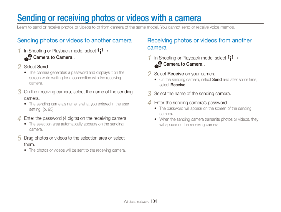 Sending photos or videos to another camera, Receiving photos or videos from another camera, Sending or receiving photos or videos | With a camera, Sending photos or videos to another camera 104, Receiving photos or videos from another, Camera ……………………………………… 104 | Samsung EC-ST80ZZBPBUS User Manual | Page 105 / 134