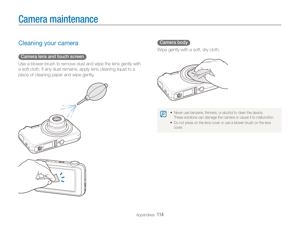 Camera maintenance, Cleaning your camera, Cleaning your camera ………………………………… 114 | Samsung EC-ST80ZZBPBUS User Manual | Page 115 / 134