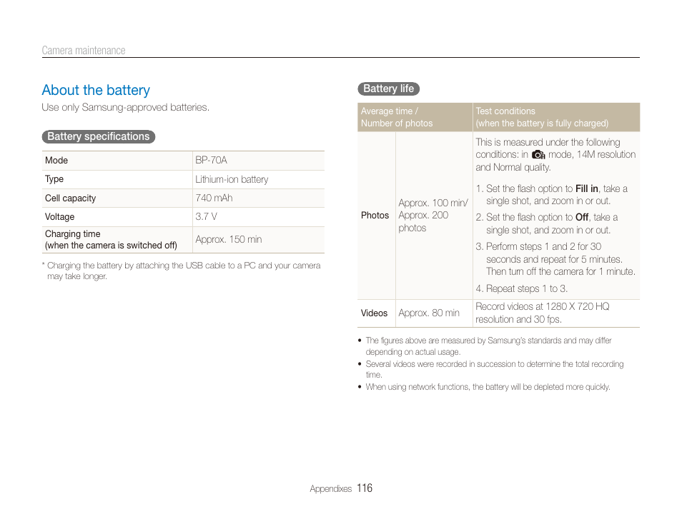 About the battery, About the battery ……………………………………… 116 | Samsung EC-ST80ZZBPBUS User Manual | Page 117 / 134