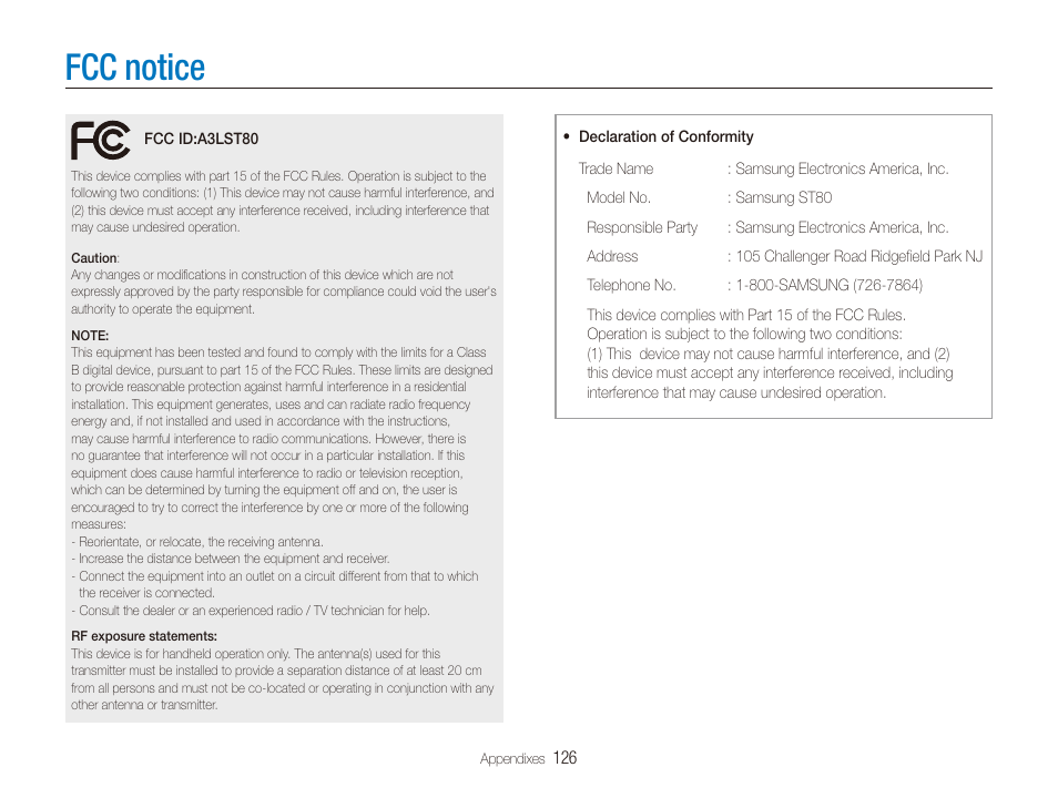 Fcc notice | Samsung EC-ST80ZZBPBUS User Manual | Page 127 / 134