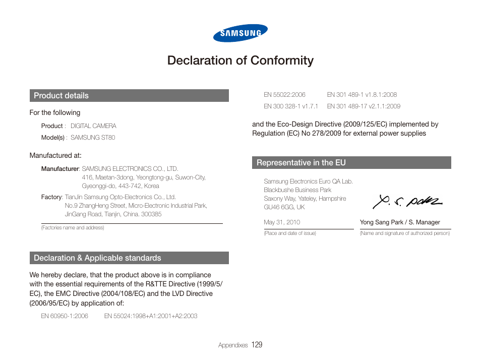 Declaration of conformity | Samsung EC-ST80ZZBPBUS User Manual | Page 130 / 134