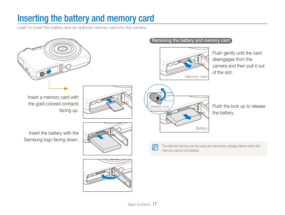 Inserting the battery and memory card | Samsung EC-ST80ZZBPBUS User Manual | Page 18 / 134