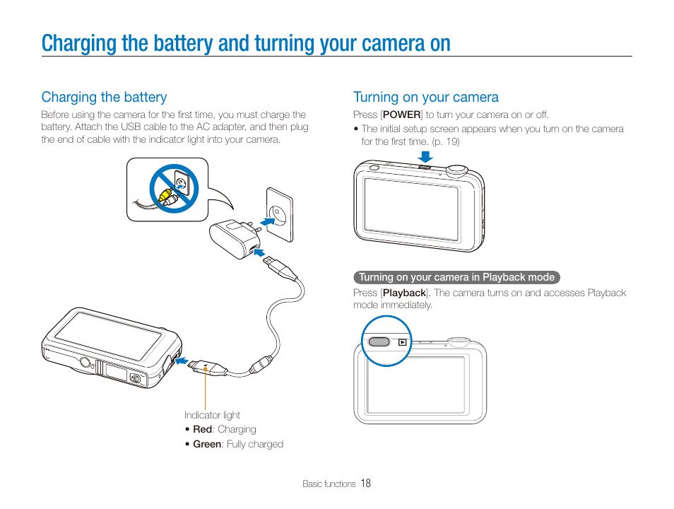 Charging the battery and turning your camera on, Charging the battery, Turning on your camera | Charging the battery and turning your, Camera on, Charging the battery ………………………… 18, Turning on your camera ……………………… 18 | Samsung EC-ST80ZZBPBUS User Manual | Page 19 / 134