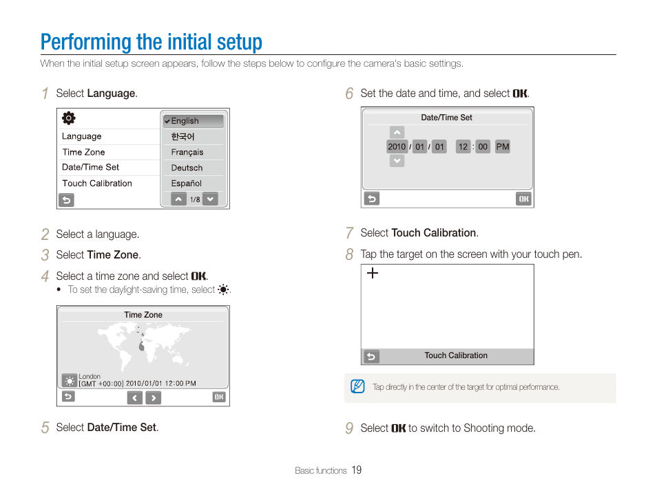 Performing the initial setup | Samsung EC-ST80ZZBPBUS User Manual | Page 20 / 134