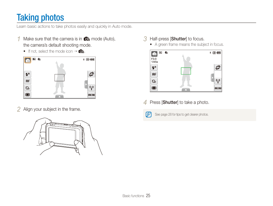 Taking photos | Samsung EC-ST80ZZBPBUS User Manual | Page 26 / 134